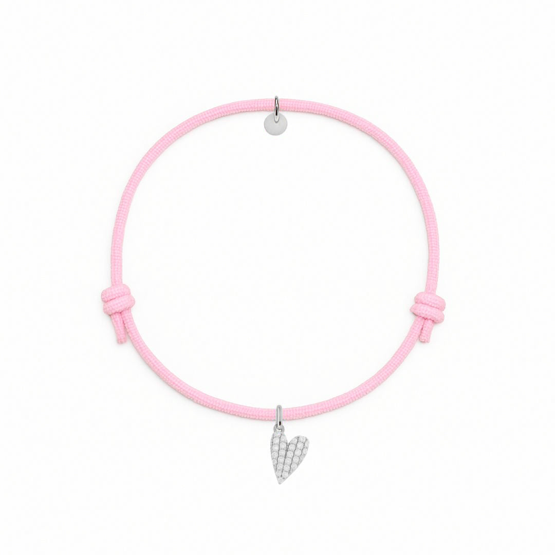 bracciale cordino rosa con charm a forma di cuore argento e zirconi