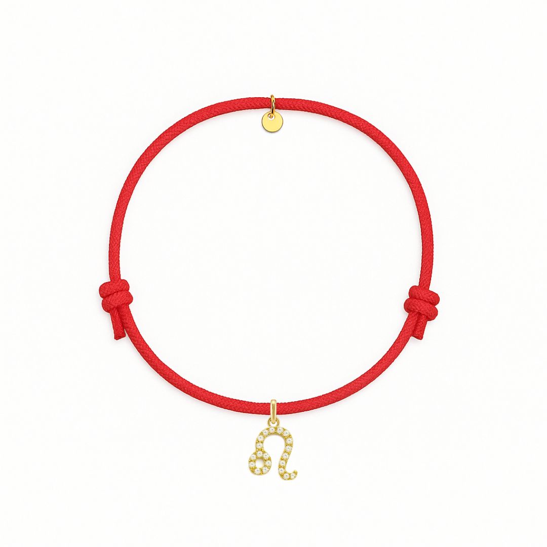 bracciale cordino rosso segno zodiacale leone con ciondolo in argento e zirconi.