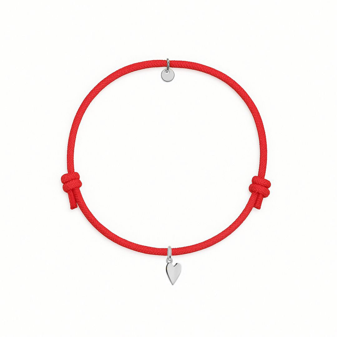 bracciale con cordino rosso e ciondolo a forma di cuore in argento 925 