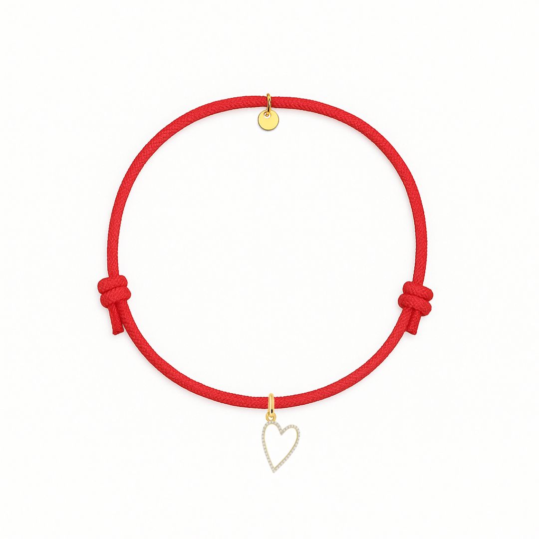bracciale cordino rosso con ciondolo sagoma cuore oro zirconi