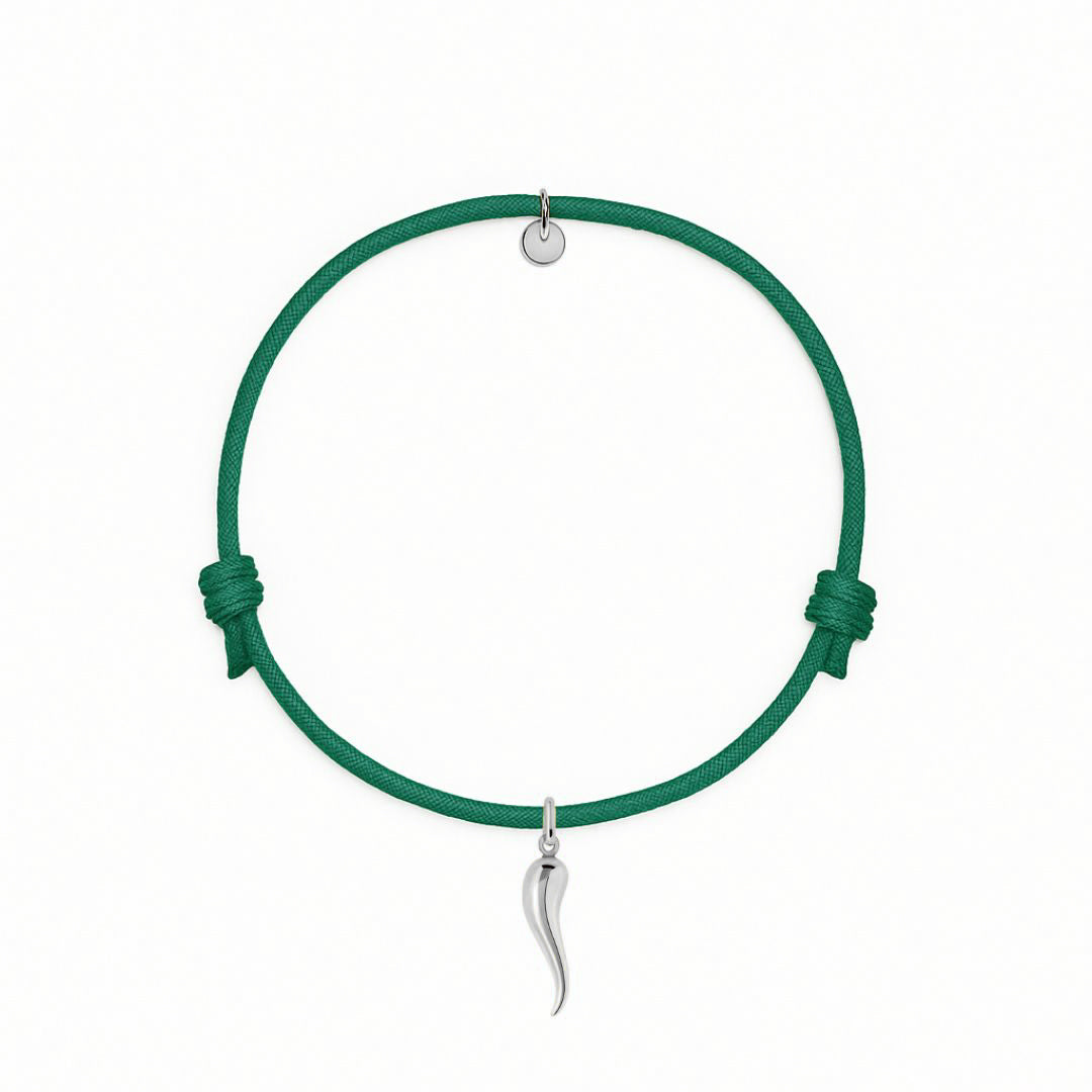 bracciale cordino verde con ciondolo cornetto portafortuna in argento 925