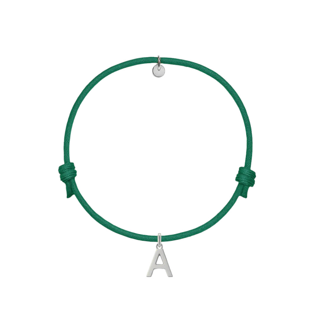 bracciale con cordino verde smeraldo e ciondolo iniziale in argento 925 personalizzabile