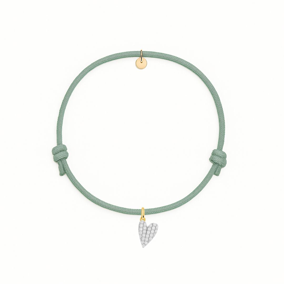 bracciale cordino verde salvia con charm cuore pave di zirconi dorato in argento 925