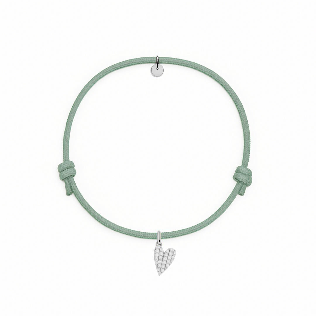 bracciale cordino verde salvia con cuore pave zirconi in argento 925