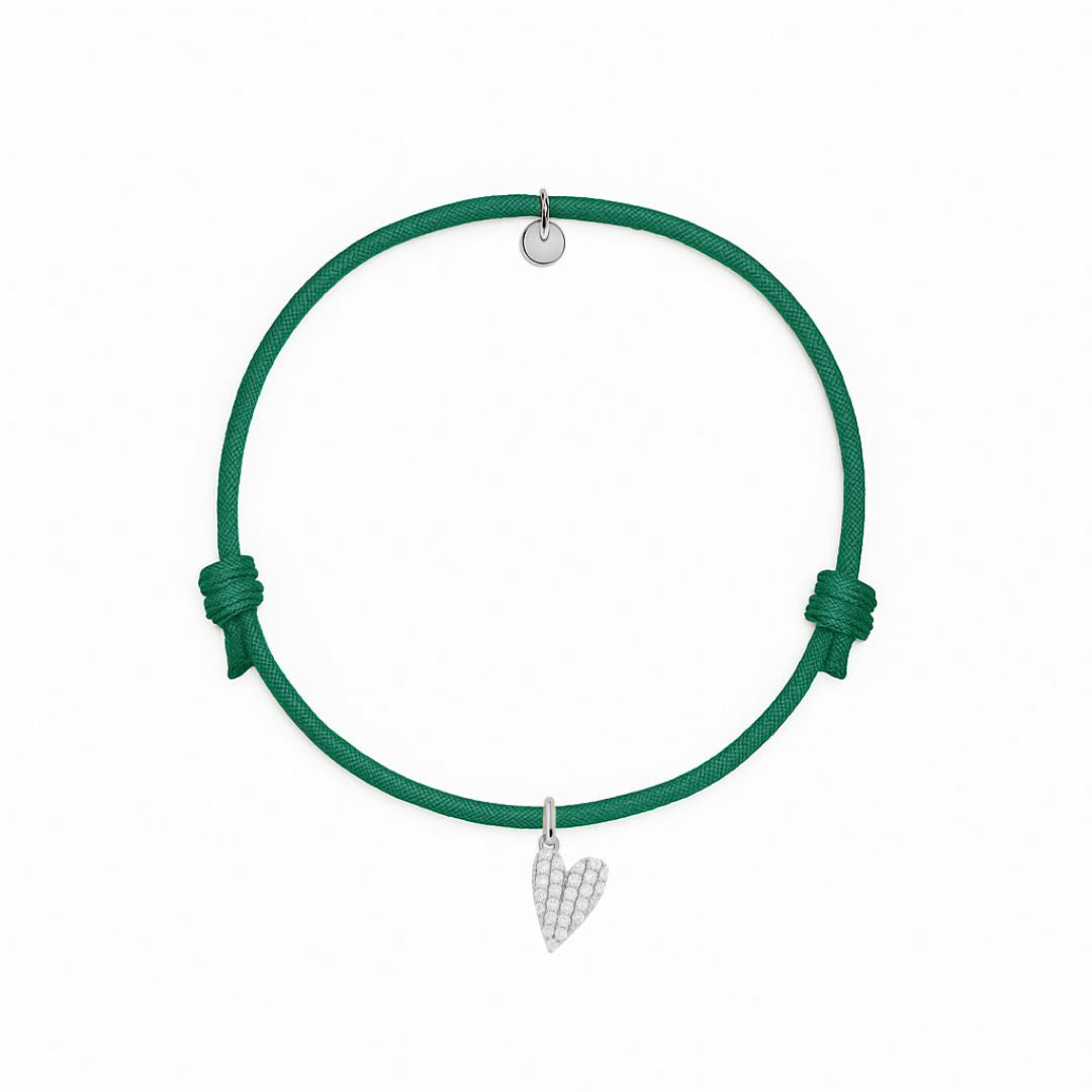 bracciale cordino verde smeraldo con charm cuore in argento 925 e pave di zirconi