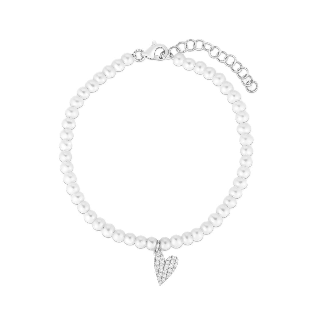 bracciale in argento 925 di perle con ciondolo cuore allungato di zirconi