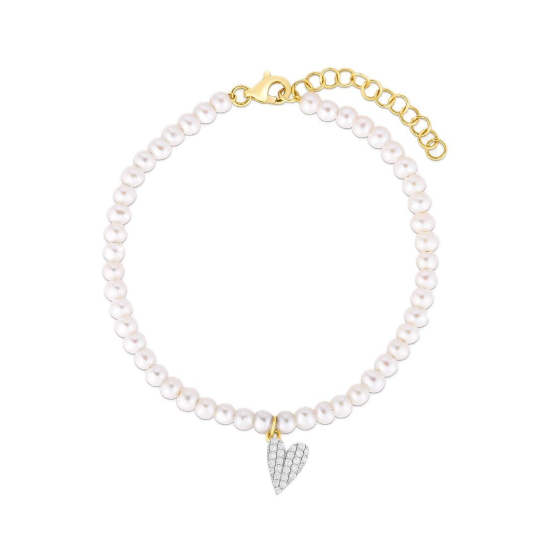 bracciale perline in argento 925 placcato oro con ciondolo cuore pavé di zirconi