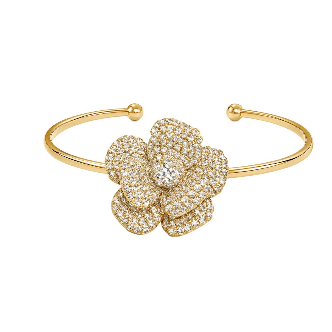 bracciale rigido in oro con fiore camelia