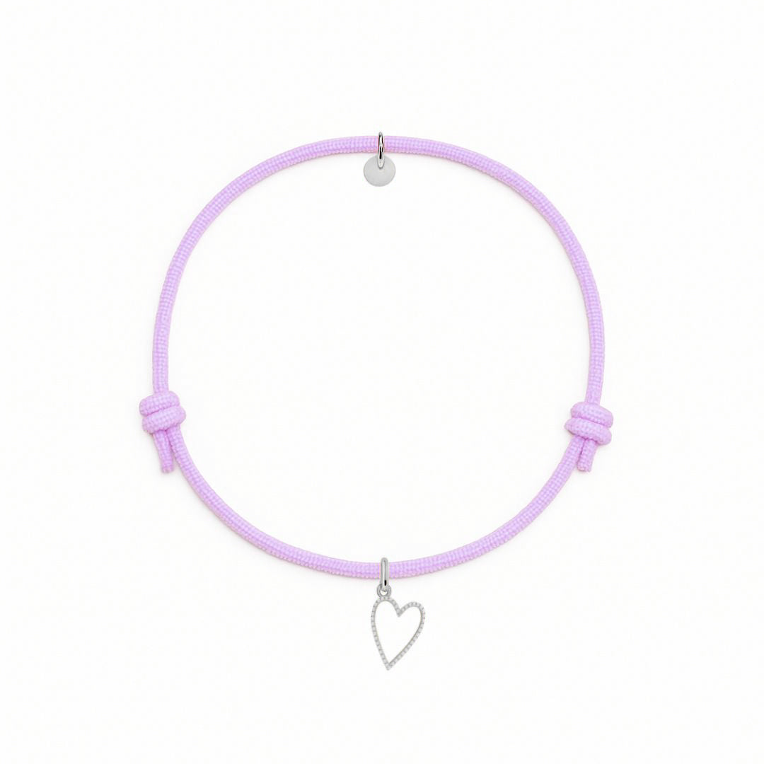 bracciale cordino glicine con ciondolo sagoma cuore in argento925