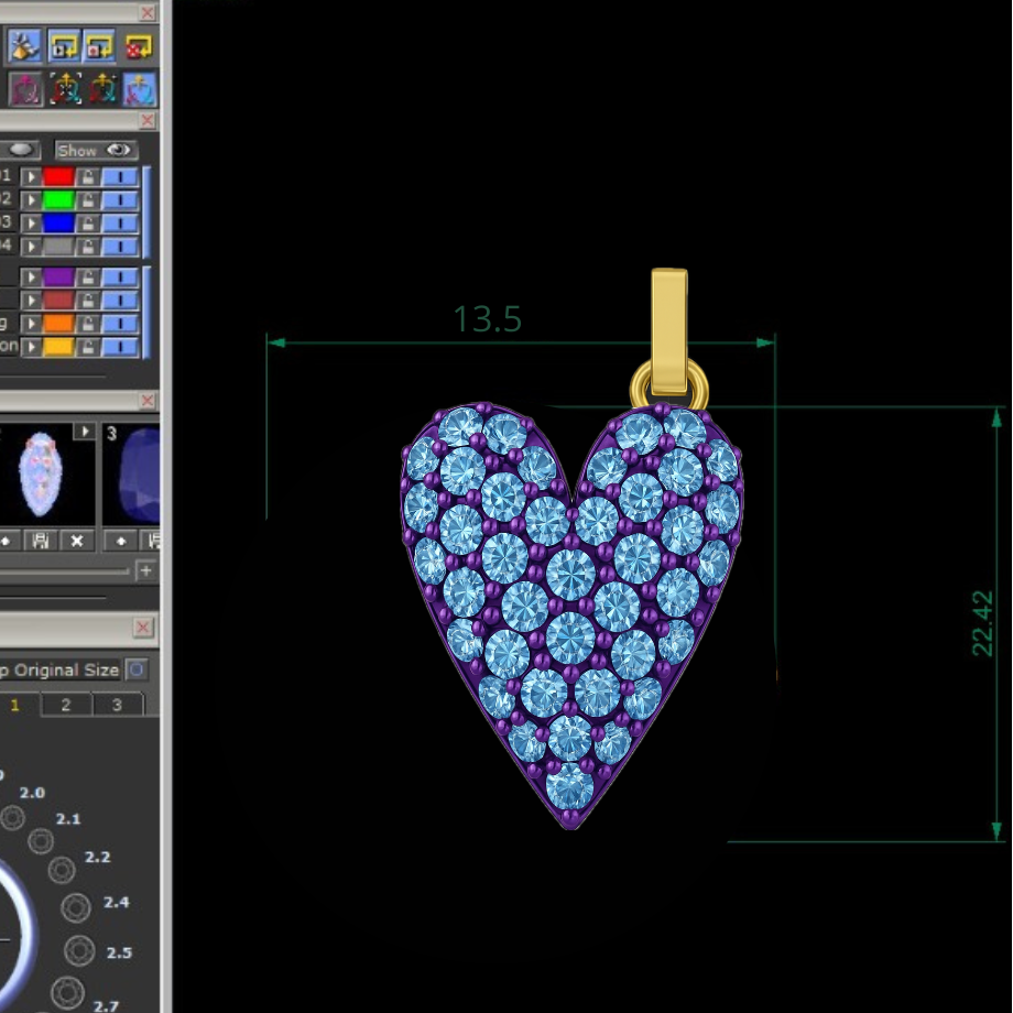 prototipo 3D di un ciondolo con brillantini a forma di cuore