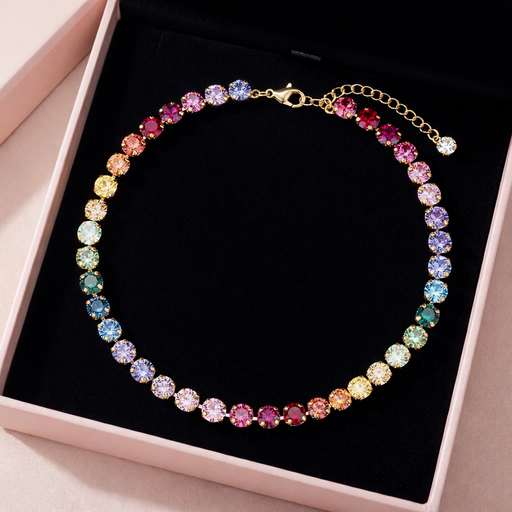 collana arcobaleno in packaging rosa con rifiniture oro