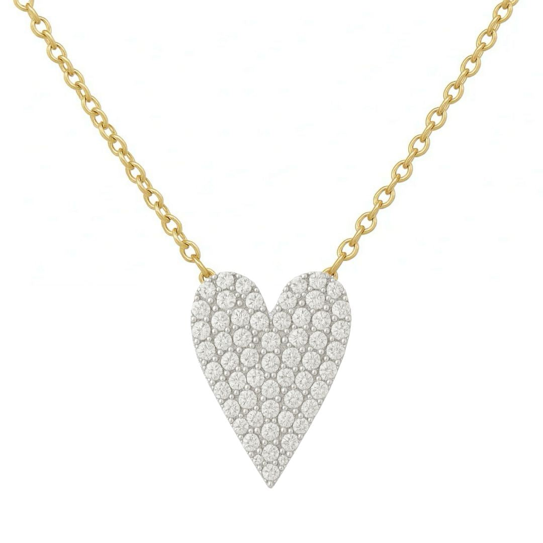 collana dorata cuore grande allungato con pavé di diamanti in argento 925