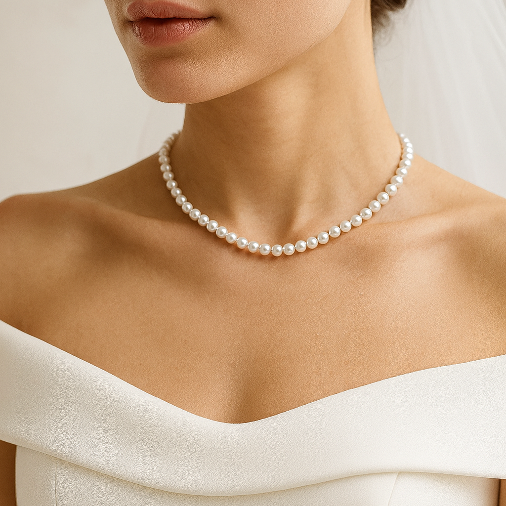 collana di perle bianche indossata