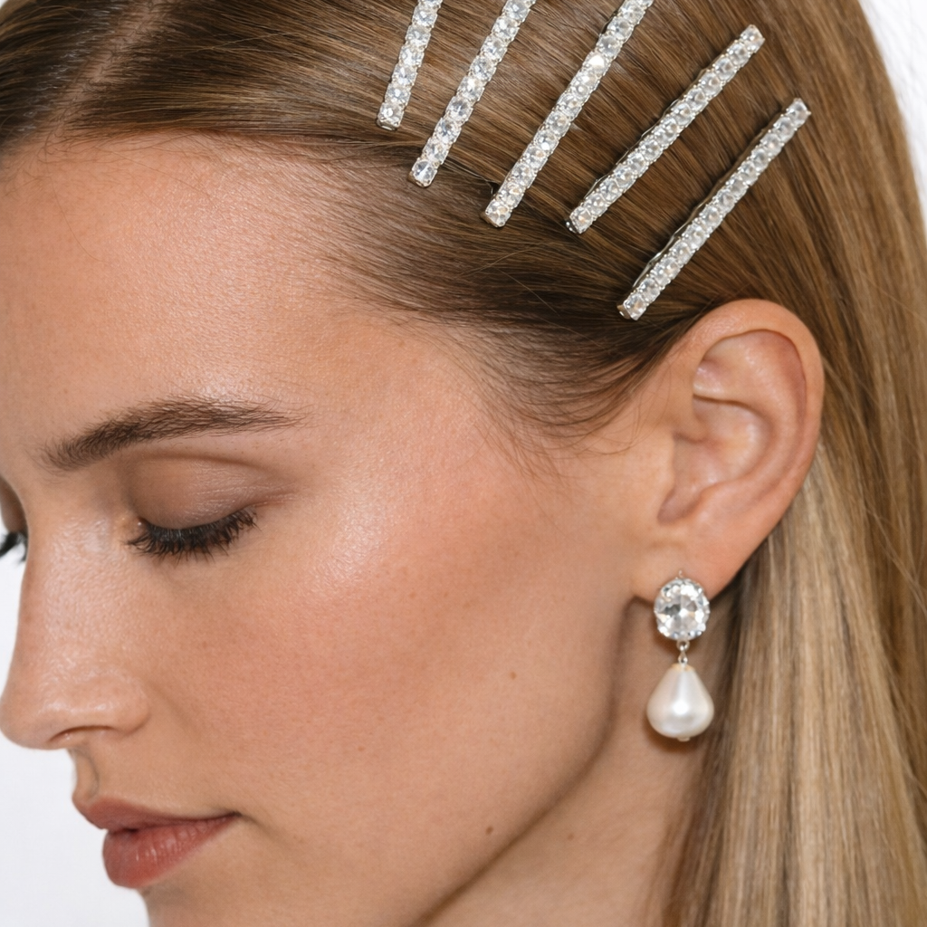 Set di forcine per capelli con swarovski  e orecchini sposa con perla barocca