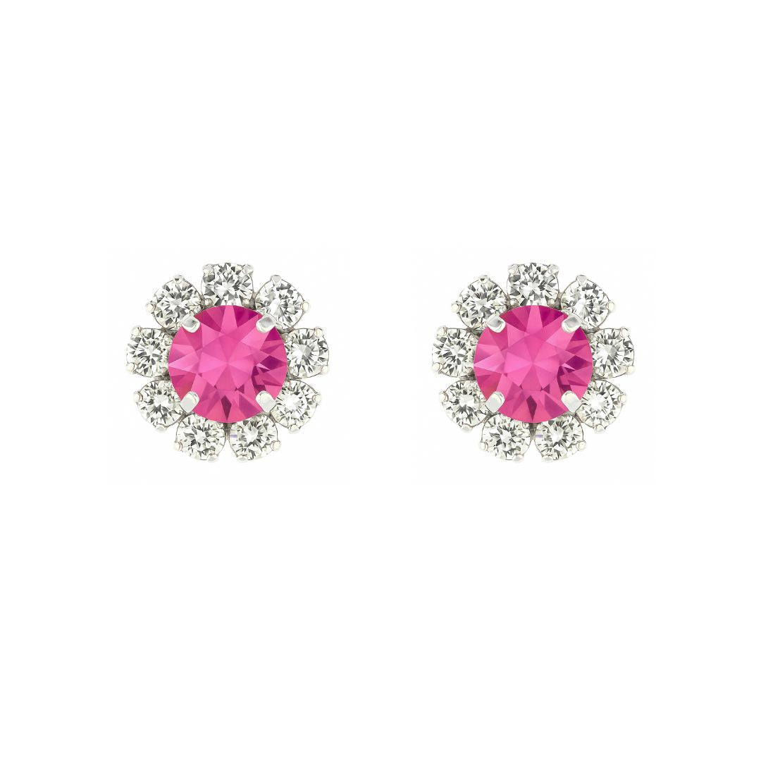 orecchini a lobo color argento con swarovski centrale fucsia