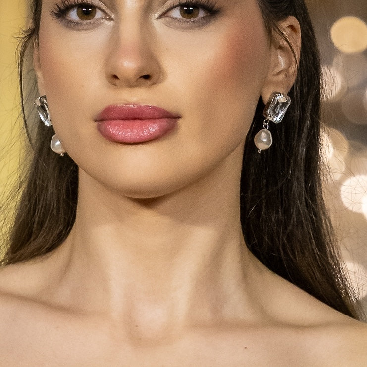 orecchini geometrici rettangolari con perla luminosi