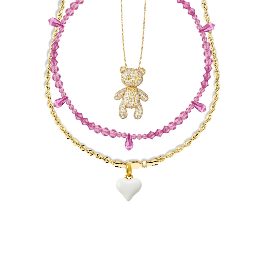 set collane:teddy,rugiada,cuore smaltato per la nascita di una bambina